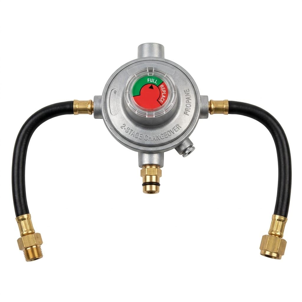 Flame King (KT12ACR6a) 2-Stage Auto Changeover LP Propane Gas Regulator With Two 12 Inch Pigtails For RVs, Vans, Trailers
