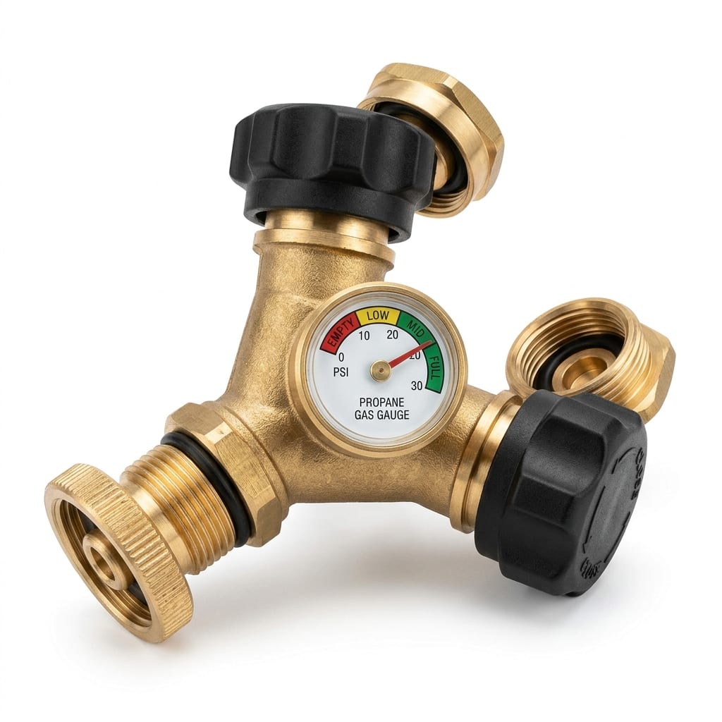 Propane Tank Adapters LP Gas Line Splitter 2 Way Hose Tee Y Propane Splitter with Gauge - 2 QCC1 Thead and 1 POL